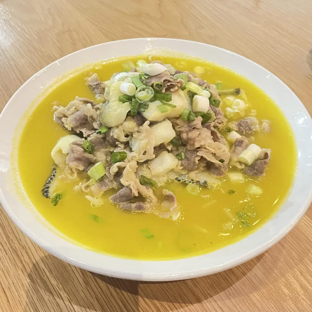 Rich sour cream and beef soup garnished with green onions at Dumpling King Asian Cuisine in Sacramento